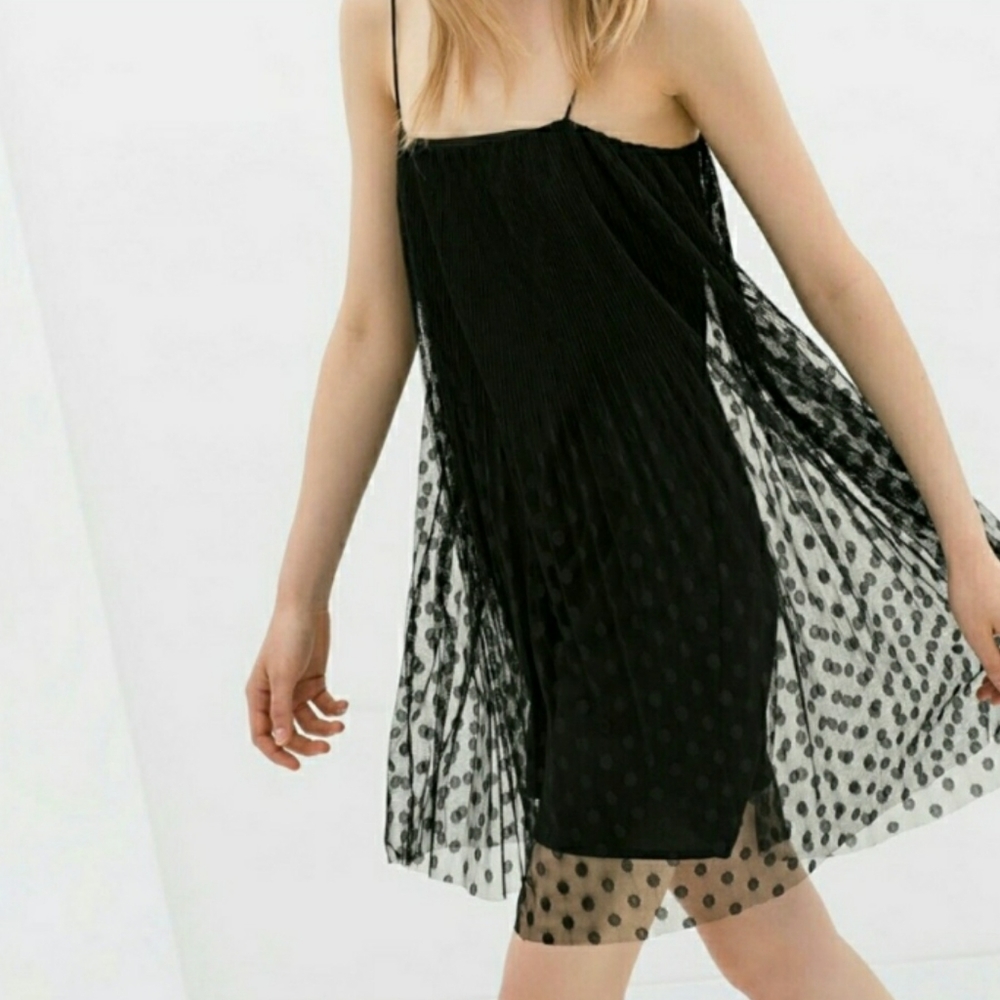 ZARA Black Semi Sheer Polka Dot Print Strappy Sleeveless Babydoll Mini Dress XS